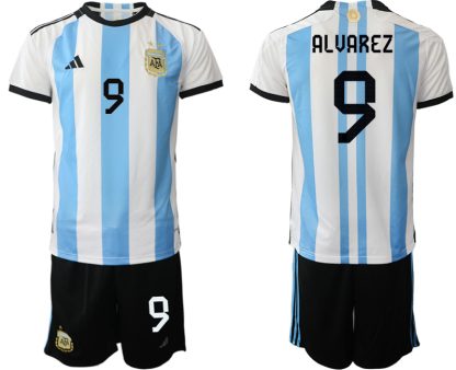 Moški Nogometni dresi Argentina Domači SP 2022 Kratek Rokav + Kratke hlače ALVAREZ 9