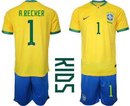 Otroški Nogometna dresi Brazilija Domači SP 2022 Kratek Rokav + Kratke hlače A.BECKER 1