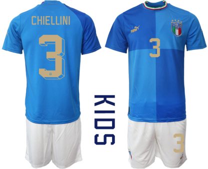 Otroški Nogometni dresi Italija Domači SP 2022 Kratek Rokav + Kratke hlače CHIELLINI 3