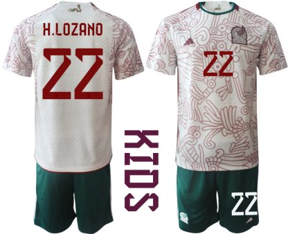 Otroški Nogometni dresi Mehika Gostujoči SP 2022 Kratek Rokav + Kratke hlače H.LOZANO 22