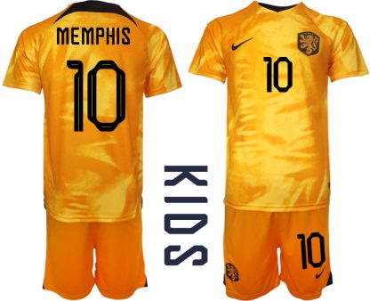 Otroški Nogometni dresi Nizozemska Domači SP 2022 Kratek Rokav + Kratke hlače MEMPHIS 10