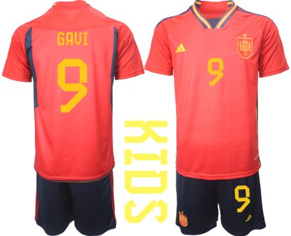 Otroški Nogometni dresi Španija Domači SP 2022 Kratek Rokav + Kratke hlače GAVI 9