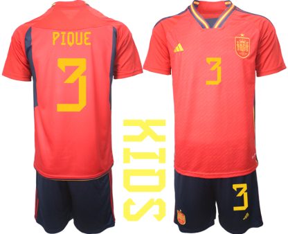 Otroški Nogometni dresi Španija Domači SP 2022 Kratek Rokav + Kratke hlače PIQUE 3