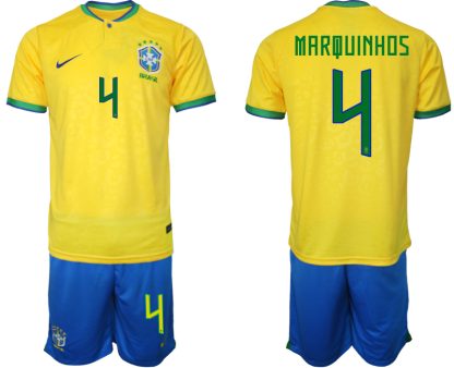 Moški Nogometni dresi Brazilija Domači SP 2022 Kratek Rokav + Kratke hlače MARQUINHOS 4
