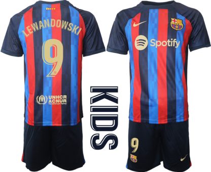 Otroški Nogometni dresi Barcelona Domači 2023 Kratek Rokav + Kratke hlače LEWANDOWSKI 9