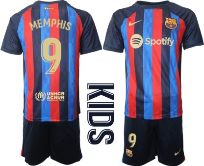 Otroški Nogometni dresi Barcelona Domači 2023 Kratek Rokav + Kratke hlače MEMPHIS 9