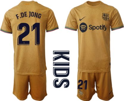 Otroški Nogometni dresi Barcelona Gostujoči 2023 Kratek Rokav + Kratke hlače F.DE JONG 21