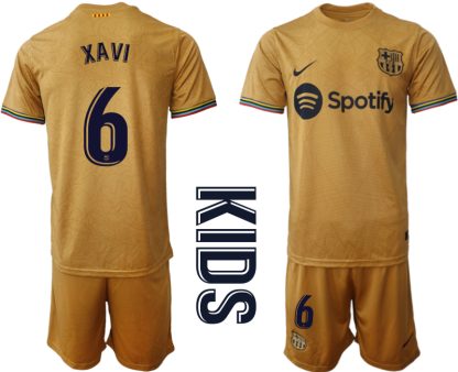 Otroški Nogometni dresi Barcelona Gostujoči 2023 Kratek Rokav + Kratke hlače XAVI 6