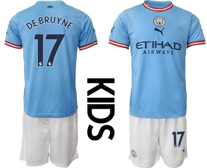 Otroški Nogometni dresi Manchester City Domači 2023 Kratek Rokav + Kratke hlače DE BRUYNE 17