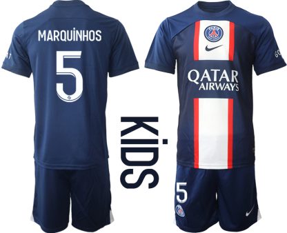 Otroški Nogometni dresi Paris Saint-Germain PSG Domači 2023 Kratek Rokav + Kratke hlače MARQUiNHOS 5