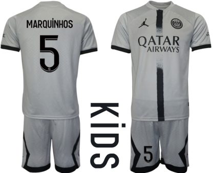 Otroški Nogometni dresi Paris Saint-Germain PSG Gostujoči 2023 Kratek Rokav + Kratke hlače MARQUiNHOS 5