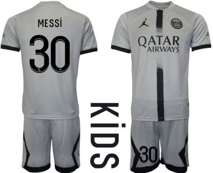 Otroški Nogometni dresi Paris Saint-Germain PSG Gostujoči 2023 Kratek Rokav + Kratke hlače MESSI 30