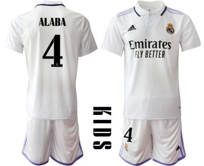 Otroški Nogometni dresi Real Madrid Domači 2023 Kratek Rokav + Kratke hlače ALABA 4
