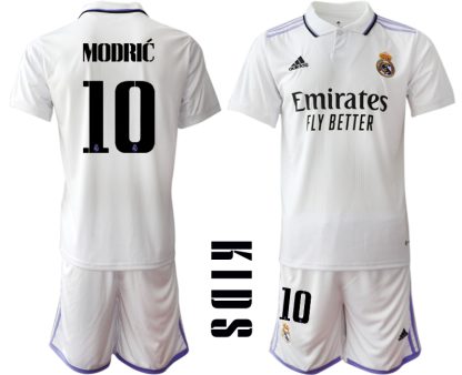 Otroški Nogometni dresi Real Madrid Domači 2023 Kratek Rokav + Kratke hlače MODRIĆ 10