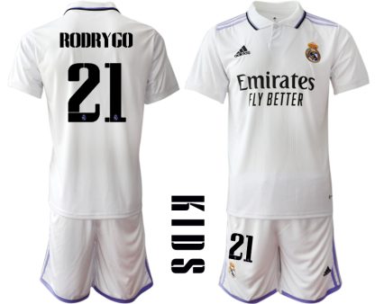 Otroški Nogometni dresi Real Madrid Domači 2023 Kratek Rokav + Kratke hlače RODRYGO 21